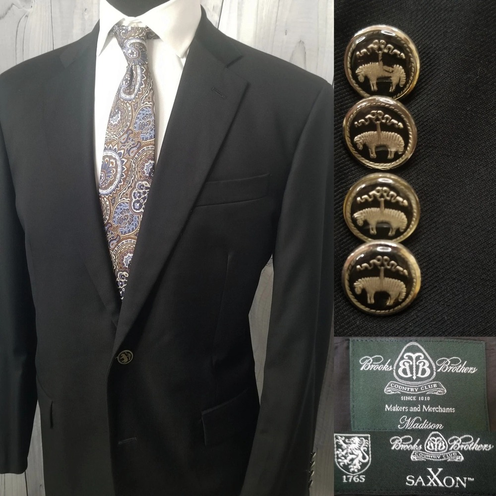 Brooks Brothers 44 L Country Club Madison Saxxon 100% Wool Black Blazer USA